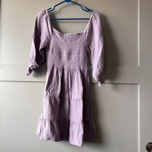J‎ Gee Prairie Mini Dress Boho Smocked Petite M Tiered Purple 3/4 Sleeve Tiered